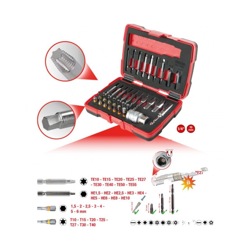 Coffret de 32 embouts à visser 25 mm magnétiques, fente, Torx, 6 pans